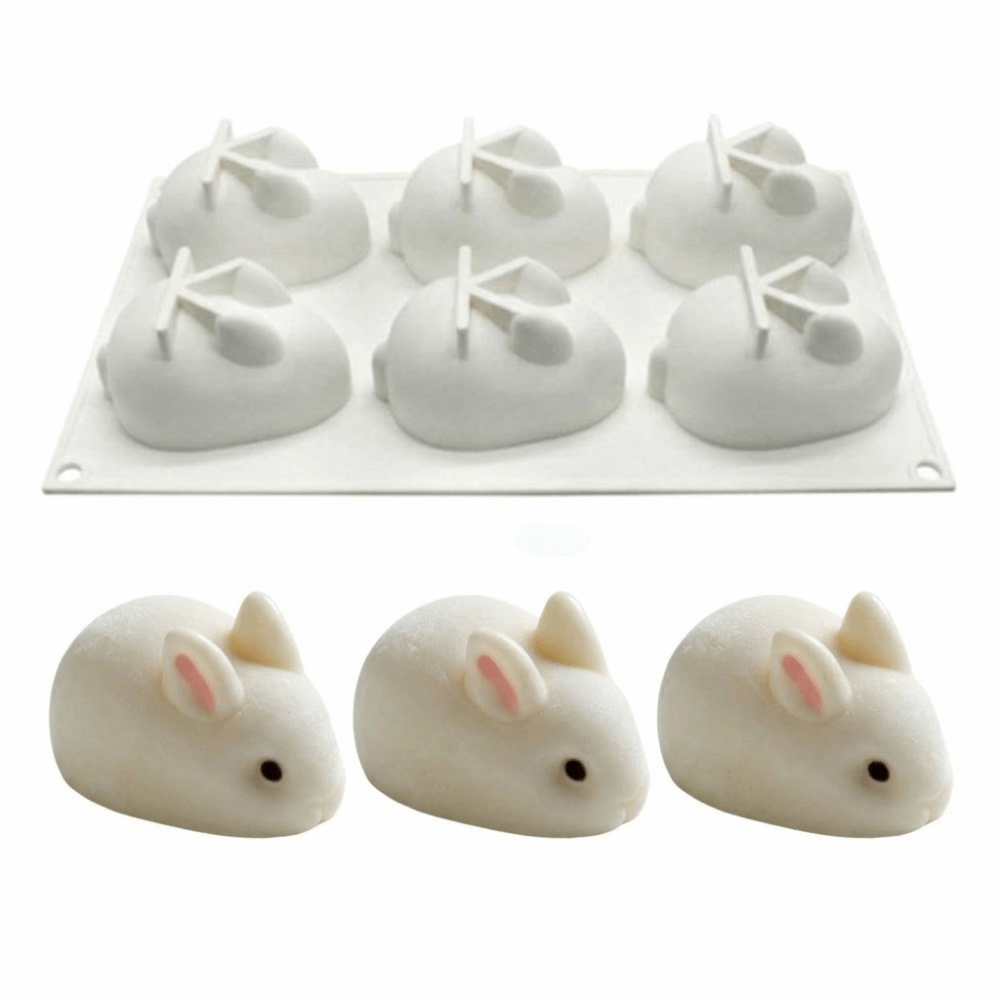 Bunny Cake Mold - シリコン3Dうさぎケーキ型 バニー型 ノンスティックシリコンムースケーキ型 DIY 6個取りデザートベーキングツール 誕生日パーティー用