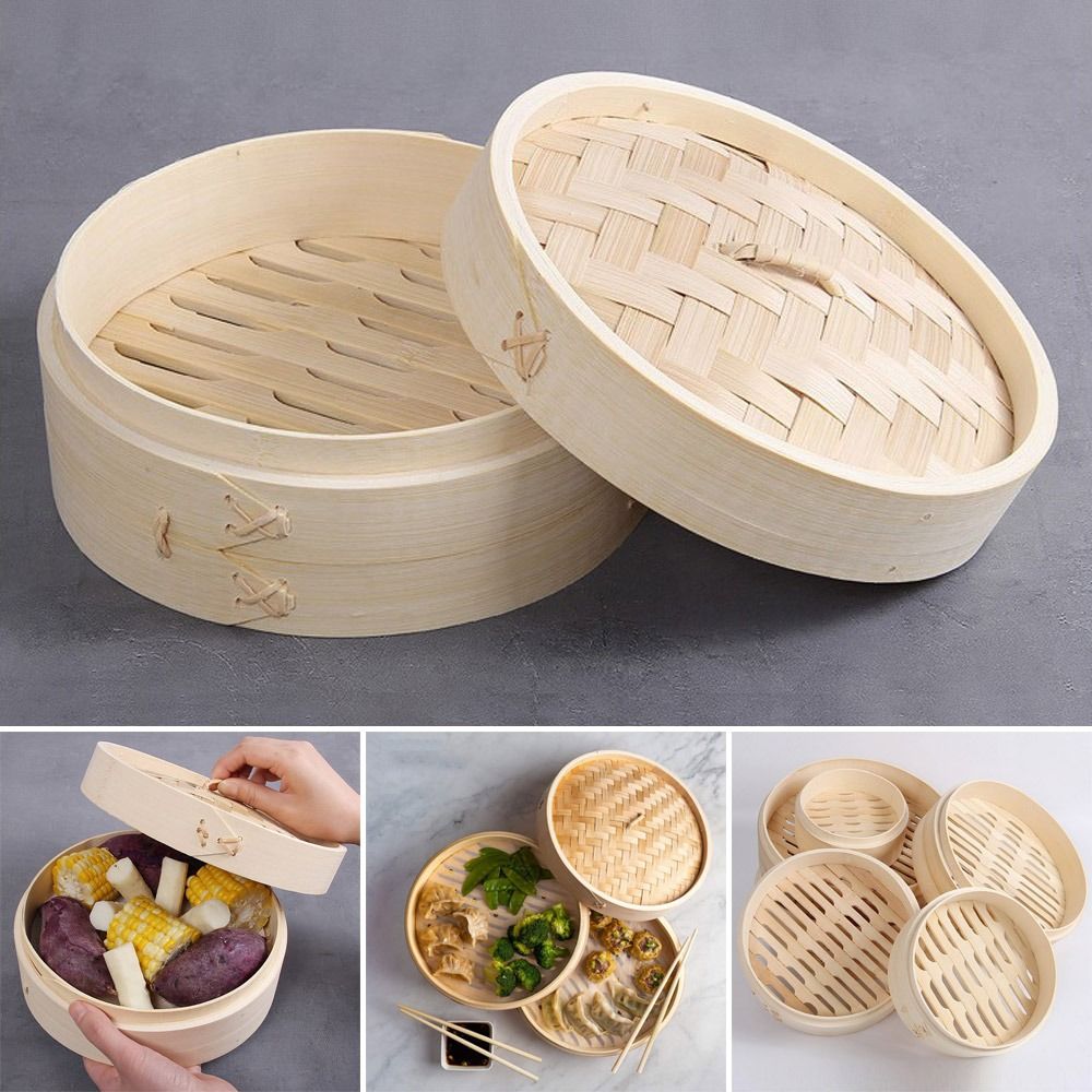 Bao Steamer Bamboo - ふた付き竹製スチーマーバスケット、調理用中国製ダンプリングスチーマーbaoバンドスチームバスケット